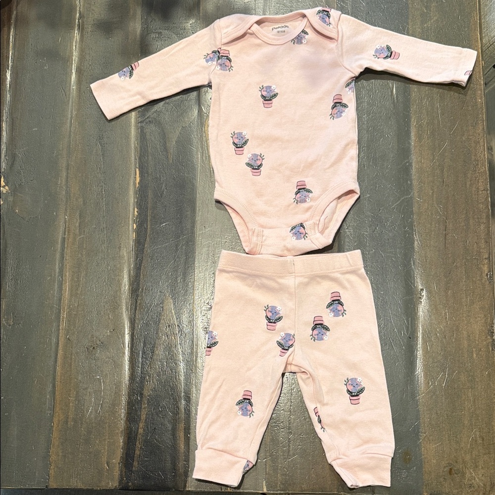 Cute Pink Baby Onesie and Pants Set with Floral Design